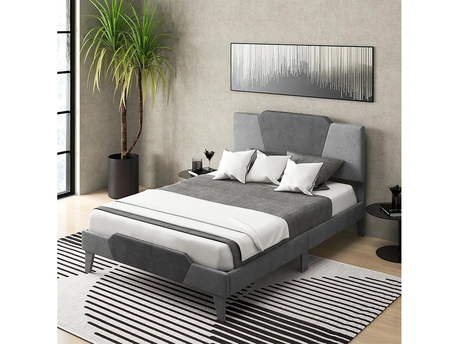 Cadre de Lit 140 x 200 avec Sommier en en Métal 37 cm, Lit Double pour Adulte, Support de Lattes en Bois avec Rangement sous Le Lit, Facile à Monter, Gris