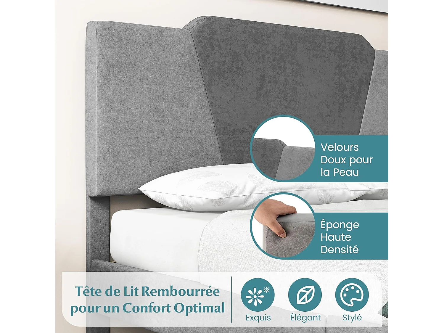Cadre de Lit 140 x 200 avec Sommier en en Métal 37 cm, Lit Double pour Adulte, Support de Lattes en Bois avec Rangement sous Le Lit, Facile à Monter, Gris