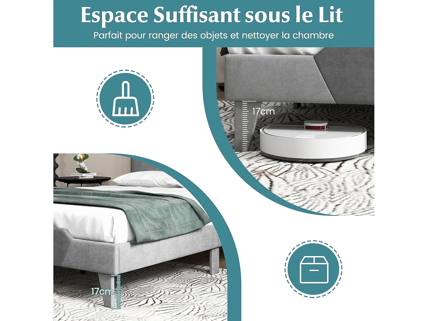 Cadre de Lit 140 x 200 avec Sommier en en Métal 37 cm, Lit Double pour Adulte, Support de Lattes en Bois avec Rangement sous Le Lit, Facile à Monter, Gris