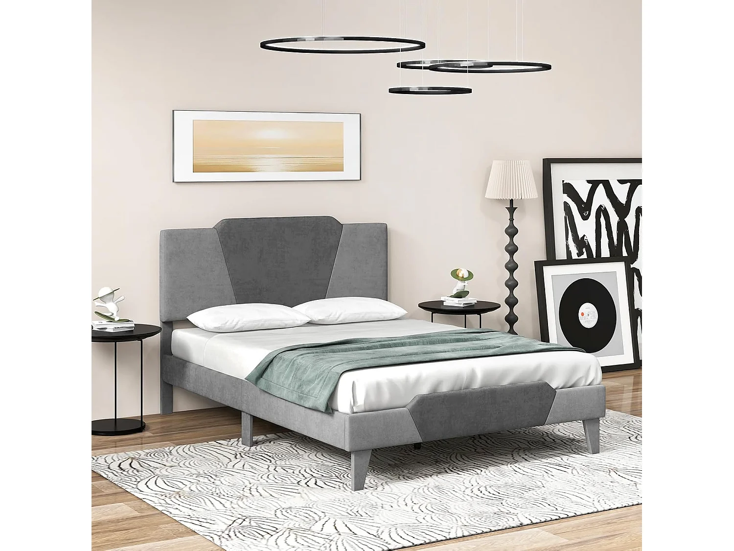 Cadre de Lit 140 x 200 avec Sommier en en Métal 37 cm, Lit Double pour Adulte, Support de Lattes en Bois avec Rangement sous Le Lit, Facile à Monter, Gris