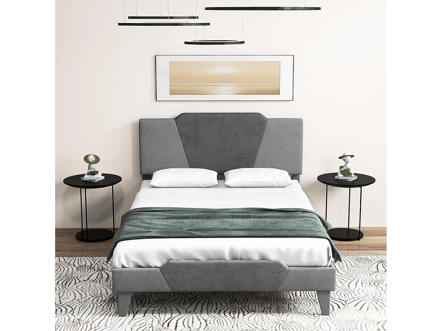 Cadre de Lit 140 x 200 avec Sommier en en Métal 37 cm, Lit Double pour Adulte, Support de Lattes en Bois avec Rangement sous Le Lit, Facile à Monter, Gris