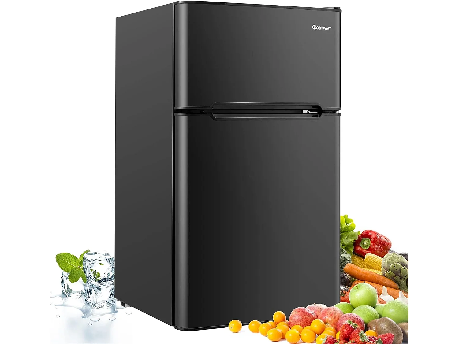 90L koelkast met dubbele deur, snelle koeling, energiebesparend, metalen koelkast met 7 temperatuurstanden, 48,5 x 49,5 x 86 cm (zwart) [Energieklasse E]