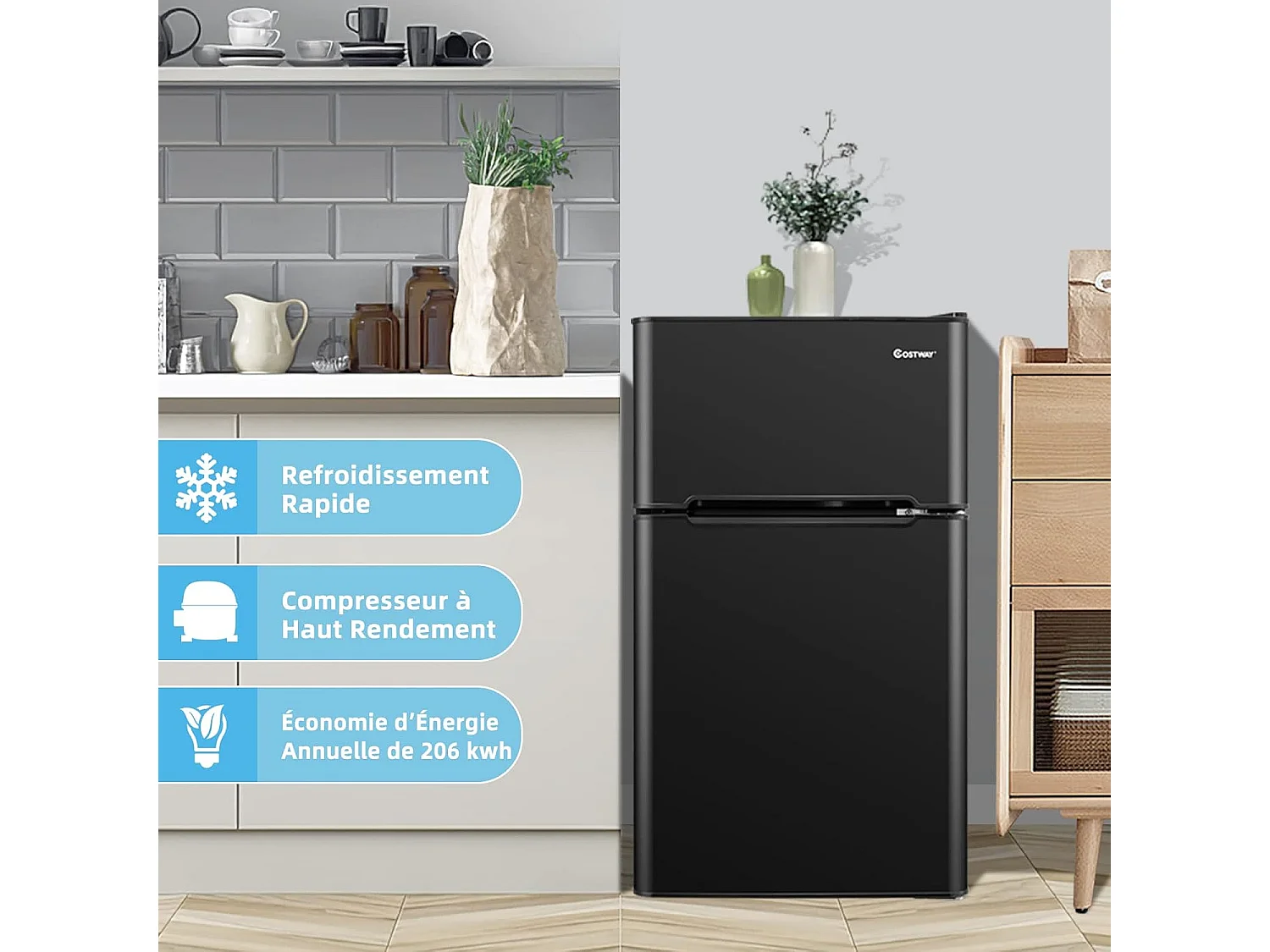 Réfrigérateur à Double Porte 90 L, Réfrigération Rapide, Économie d'énergie, Réfrigérateur en Métal avec 7 Niveaux de Température (Noir) [Classe énergétique E]