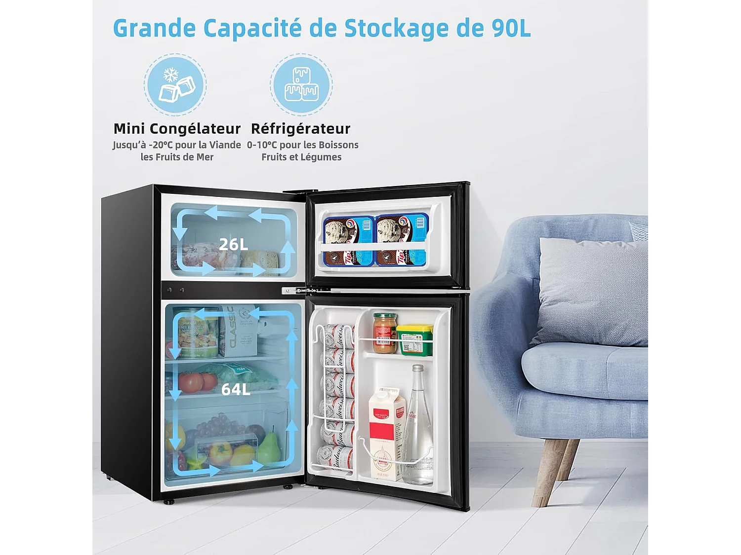 Réfrigérateur à Double Porte 90 L, Réfrigération Rapide, Économie d'énergie, Réfrigérateur en Métal avec 7 Niveaux de Température (Noir) [Classe énergétique E]