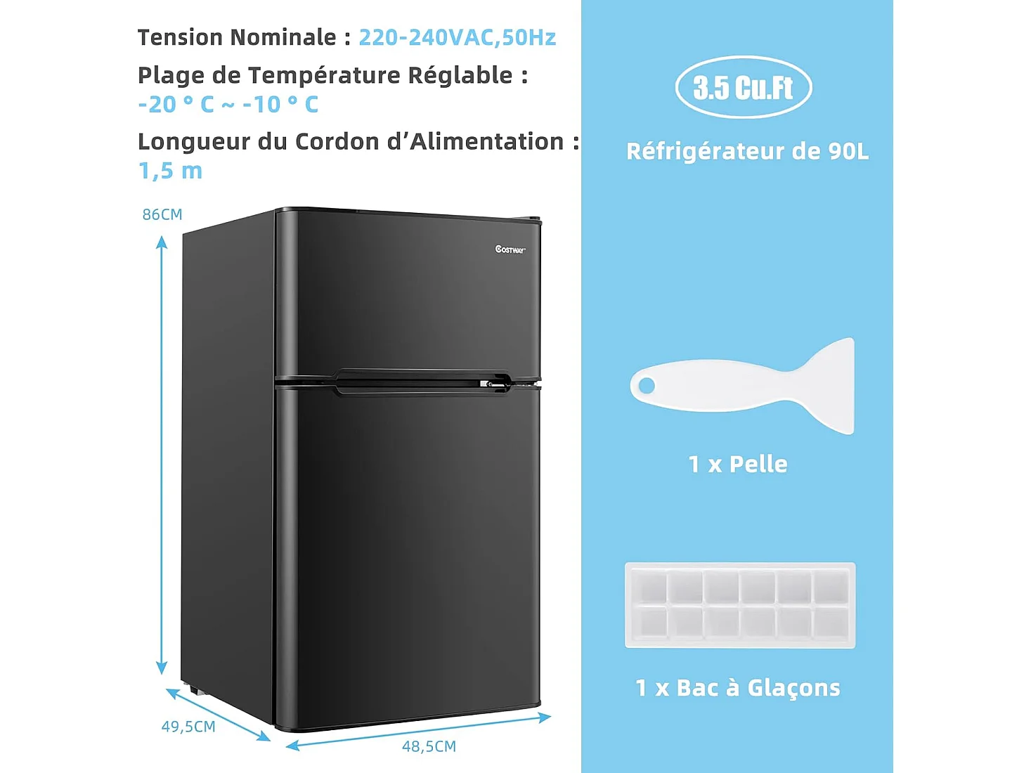 Réfrigérateur à Double Porte 90 L, Réfrigération Rapide, Économie d'énergie, Réfrigérateur en Métal avec 7 Niveaux de Température (Noir) [Classe énergétique E]