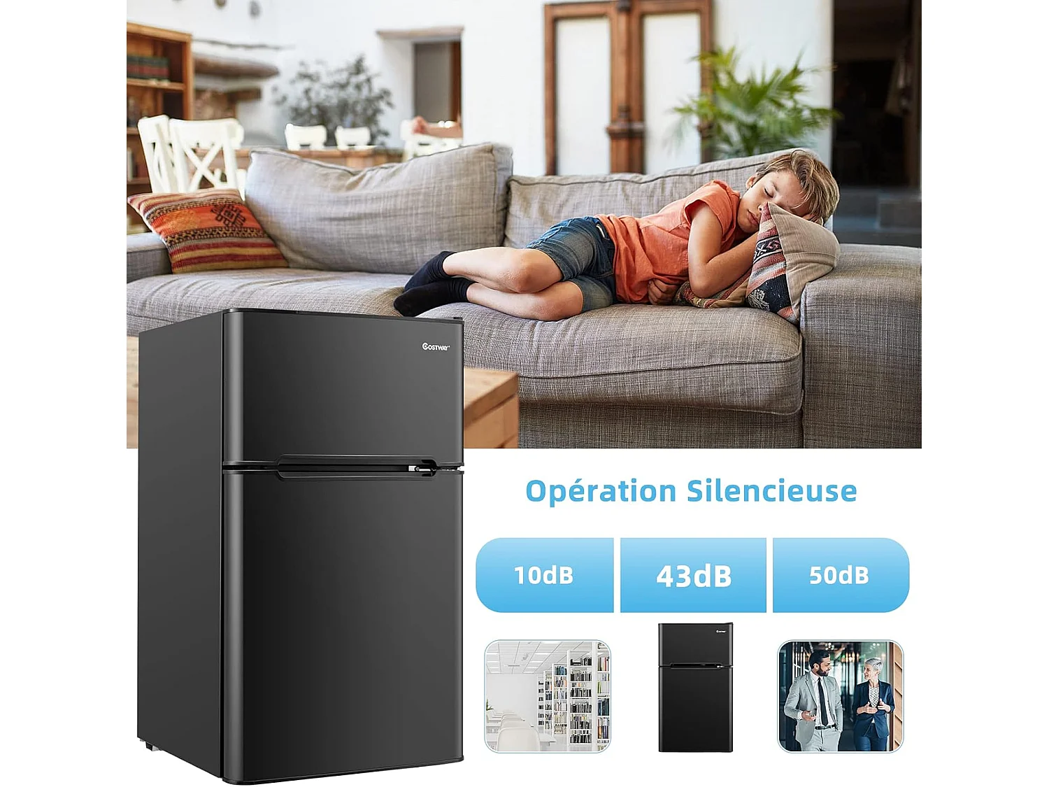 Réfrigérateur à Double Porte 90 L, Réfrigération Rapide, Économie d'énergie, Réfrigérateur en Métal avec 7 Niveaux de Température (Noir) [Classe énergétique E]