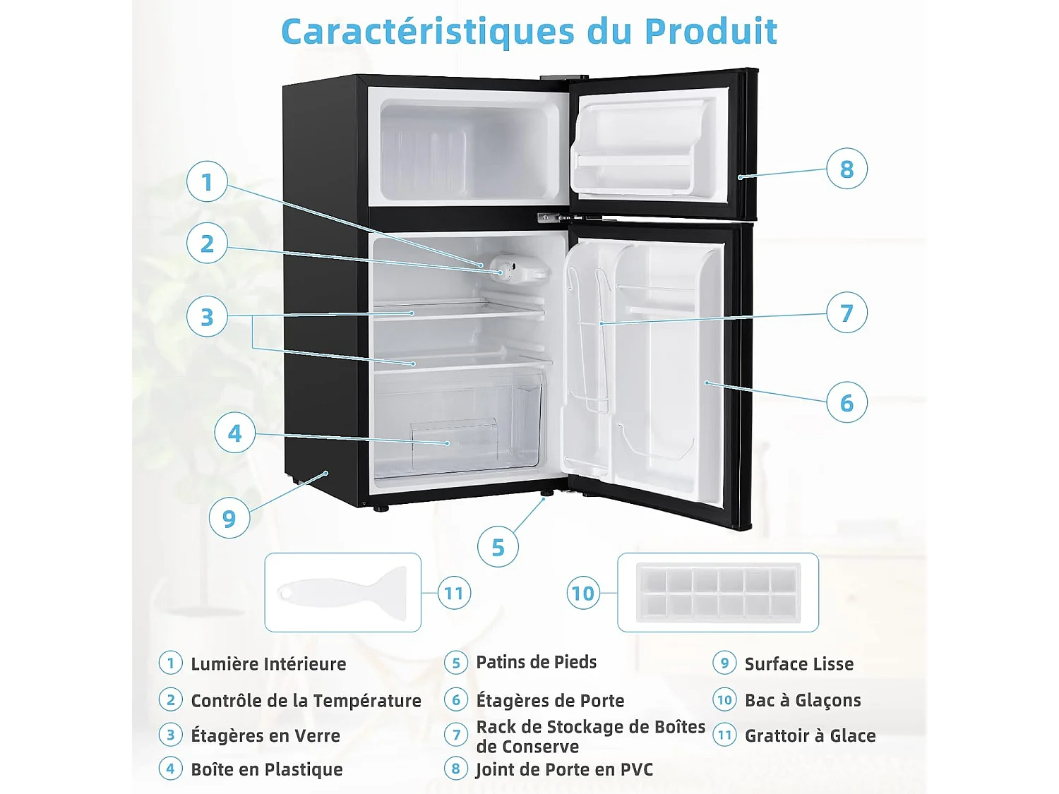 Réfrigérateur à Double Porte 90 L, Réfrigération Rapide, Économie d'énergie, Réfrigérateur en Métal avec 7 Niveaux de Température (Noir) [Classe énergétique E]