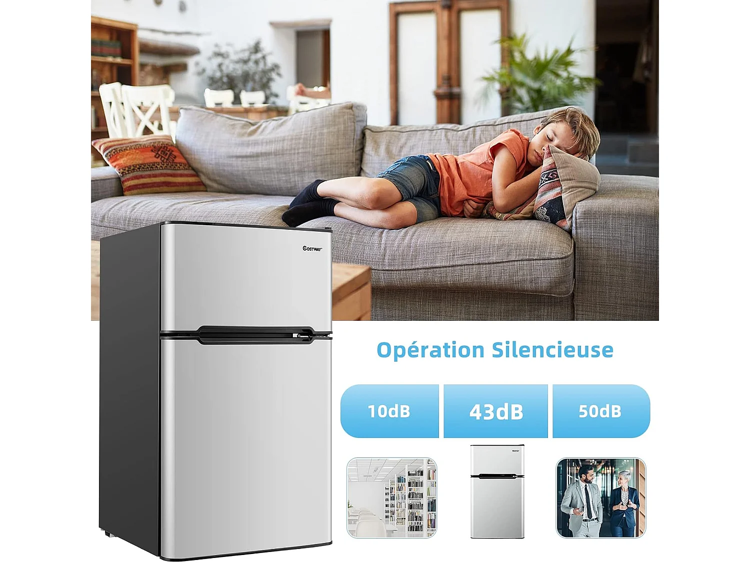 Réfrigérateur à Double Porte 90 L, Réfrigération Rapide, Économie d'énergie, Réfrigérateur en Métal avec 7 Niveaux de Température, 48,5 x 49,5 x 86 cm (Gris)