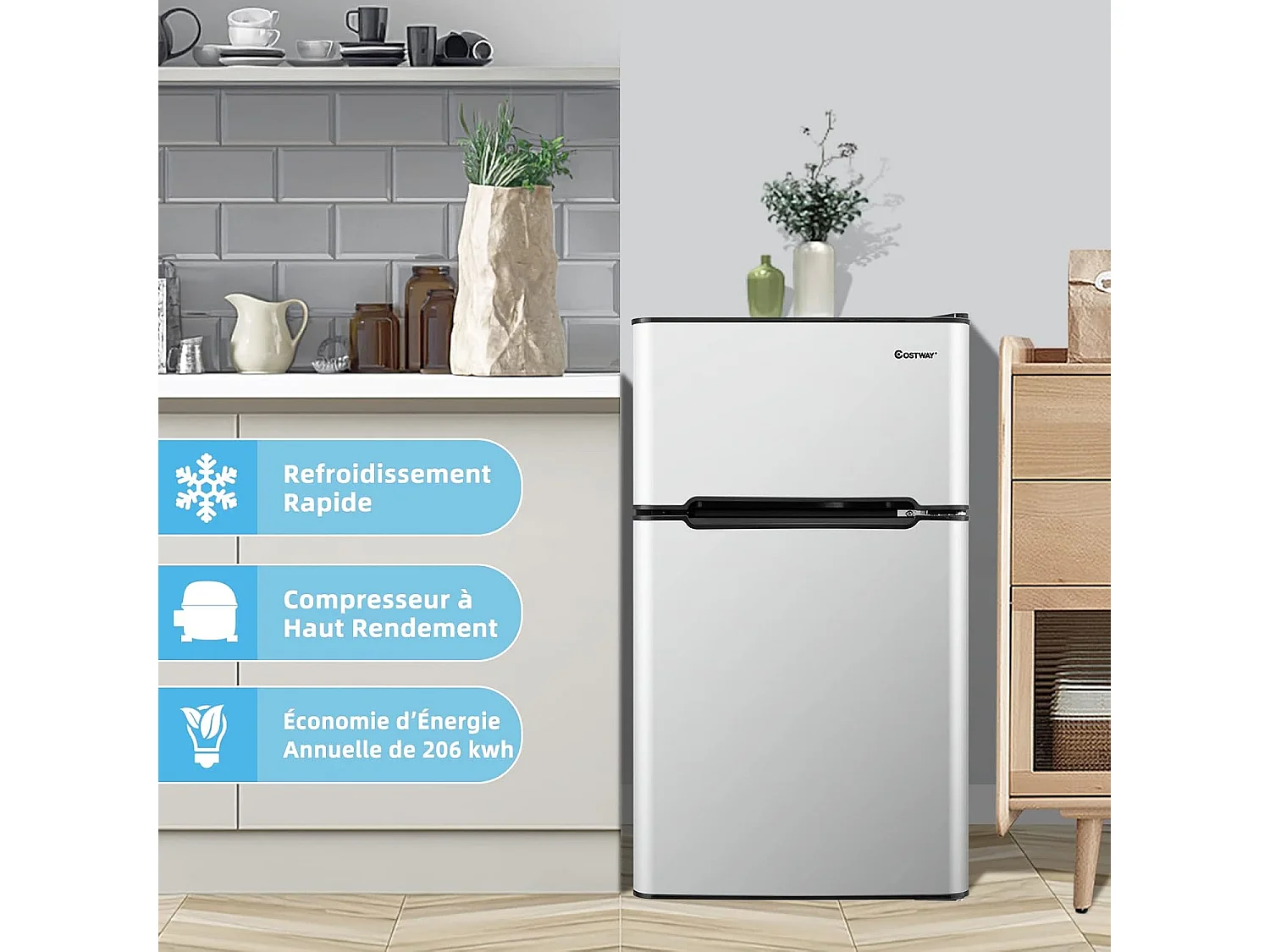 Réfrigérateur à Double Porte 90 L, Réfrigération Rapide, Économie d'énergie, Réfrigérateur en Métal avec 7 Niveaux de Température, 48,5 x 49,5 x 86 cm (Gris)