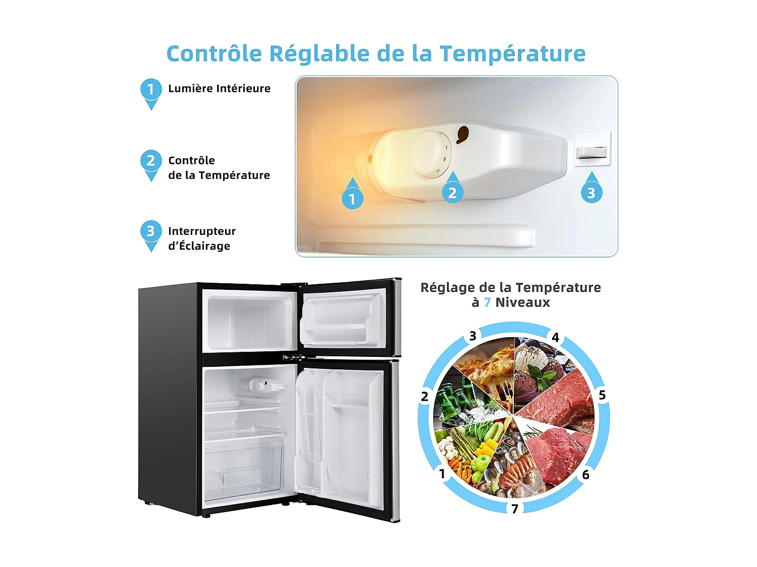 Réfrigérateur à Double Porte 90 L, Réfrigération Rapide, Économie d'énergie, Réfrigérateur en Métal avec 7 Niveaux de Température, 48,5 x 49,5 x 86 cm (Gris)