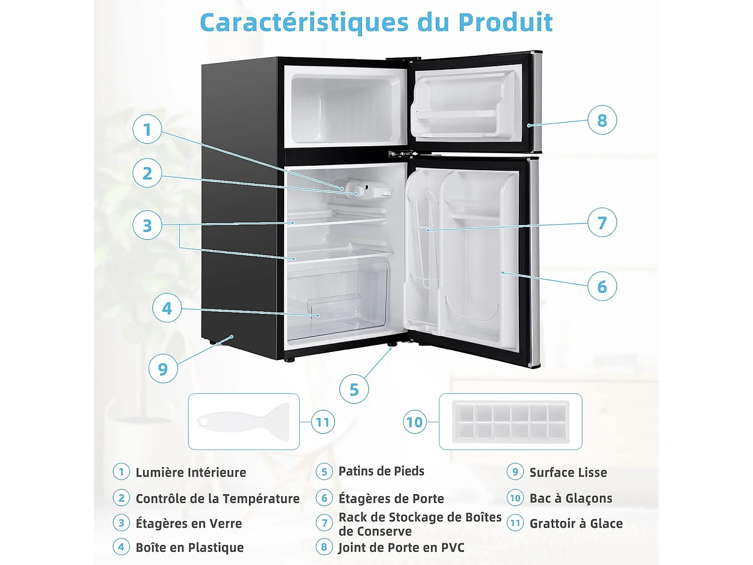 Réfrigérateur à Double Porte 90 L, Réfrigération Rapide, Économie d'énergie, Réfrigérateur en Métal avec 7 Niveaux de Température, 48,5 x 49,5 x 86 cm (Gris)