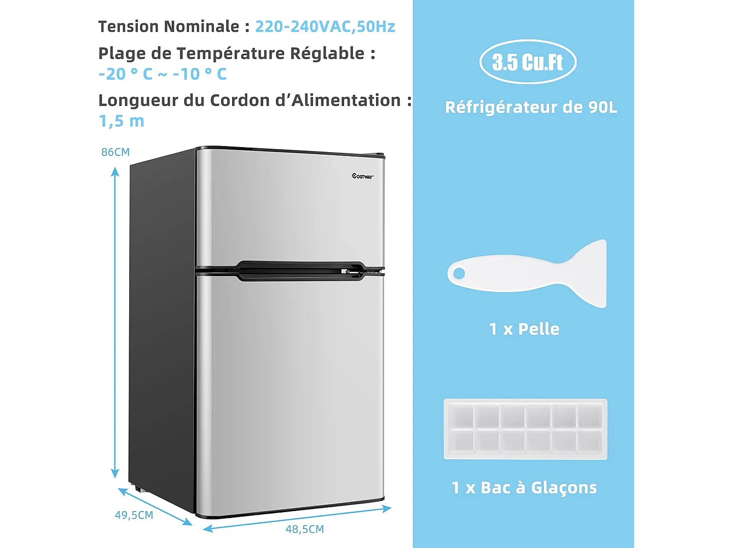 Réfrigérateur à Double Porte 90 L, Réfrigération Rapide, Économie d'énergie, Réfrigérateur en Métal avec 7 Niveaux de Température, 48,5 x 49,5 x 86 cm (Gris)