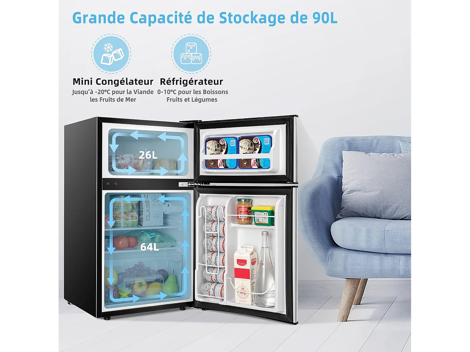 Réfrigérateur à Double Porte 90 L, Réfrigération Rapide, Économie d'énergie, Réfrigérateur en Métal avec 7 Niveaux de Température, 48,5 x 49,5 x 86 cm (Gris)