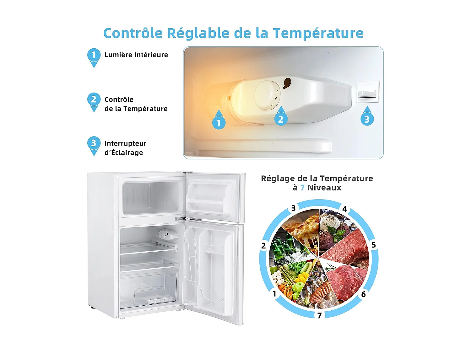 90L koelkast met dubbele deur, snelle koeling, energiebesparend, metalen koelkast met 7 temperatuurstanden, 48,5 x 49,5 x 86 cm (wit) [Energieklasse E]