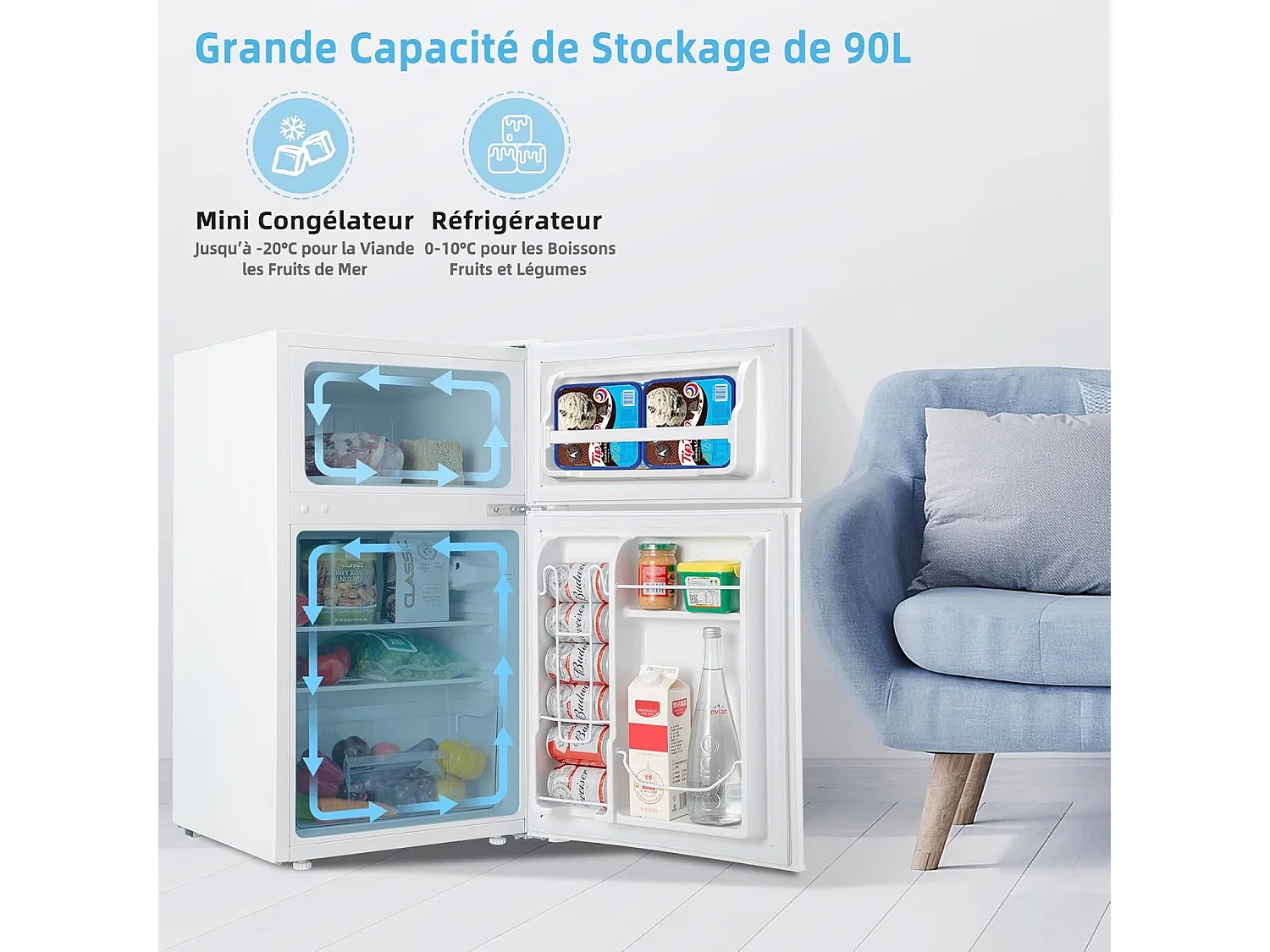 90L koelkast met dubbele deur, snelle koeling, energiebesparend, metalen koelkast met 7 temperatuurstanden, 48,5 x 49,5 x 86 cm (wit) [Energieklasse E]