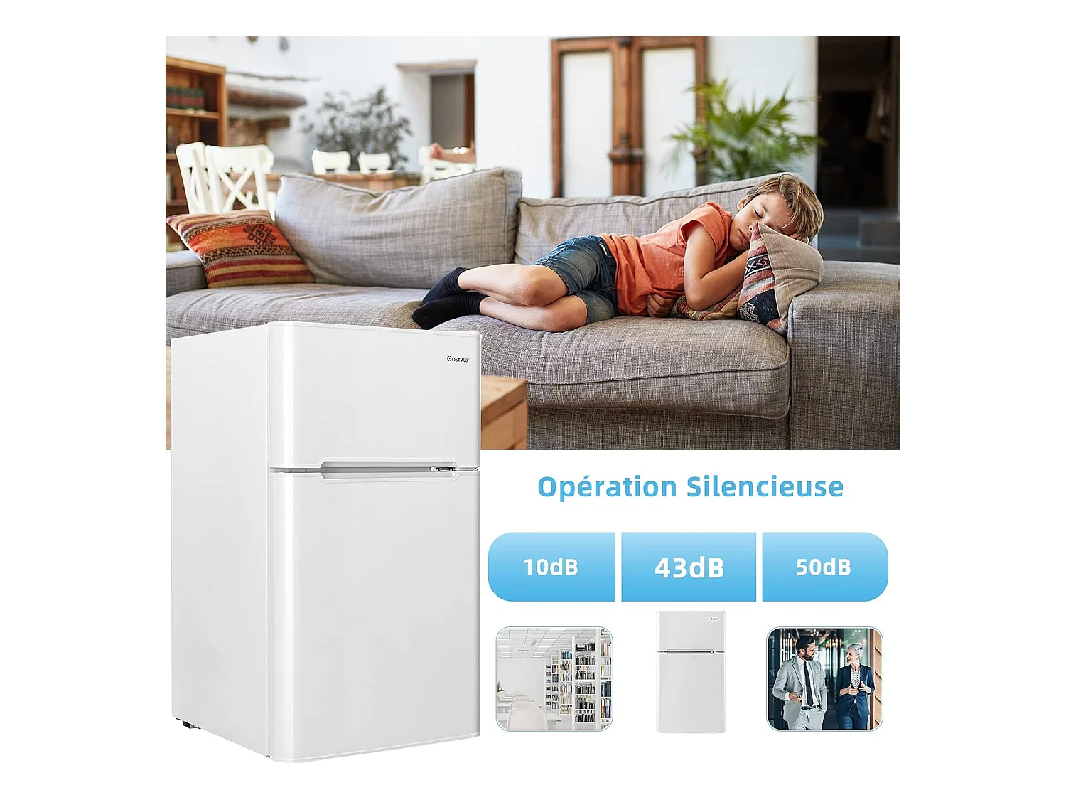 Réfrigérateur à Double Porte 90 L, Réfrigération Rapide, Économie d'énergie, Réfrigérateur en Métal avec 7 Niveaux de Température 48,5x49,5x86cm (Blanc)