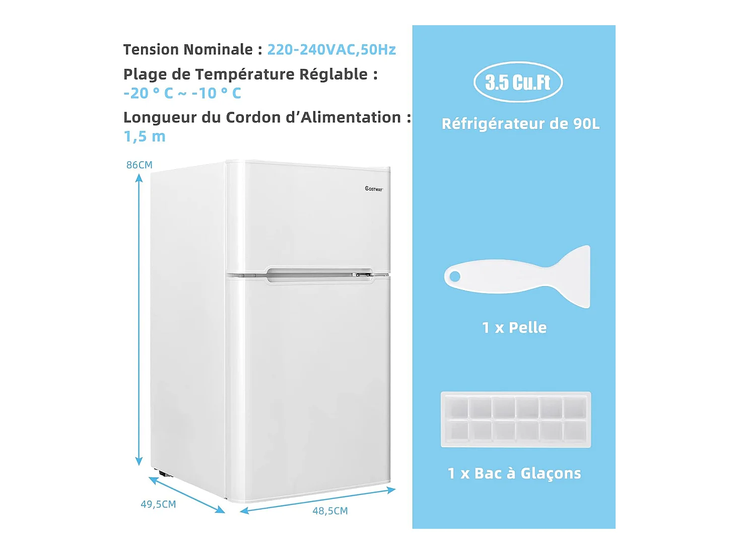 Réfrigérateur à Double Porte 90 L, Réfrigération Rapide, Économie d'énergie, Réfrigérateur en Métal avec 7 Niveaux de Température 48,5x49,5x86cm (Blanc)