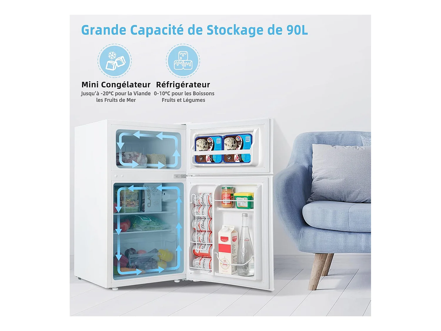 Réfrigérateur à Double Porte 90 L, Réfrigération Rapide, Économie d'énergie, Réfrigérateur en Métal avec 7 Niveaux de Température 48,5x49,5x86cm (Blanc)