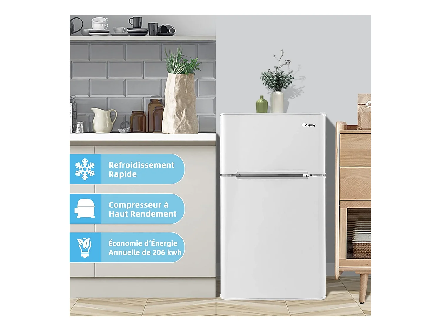 Réfrigérateur à Double Porte 90 L, Réfrigération Rapide, Économie d'énergie, Réfrigérateur en Métal avec 7 Niveaux de Température 48,5x49,5x86cm (Blanc)