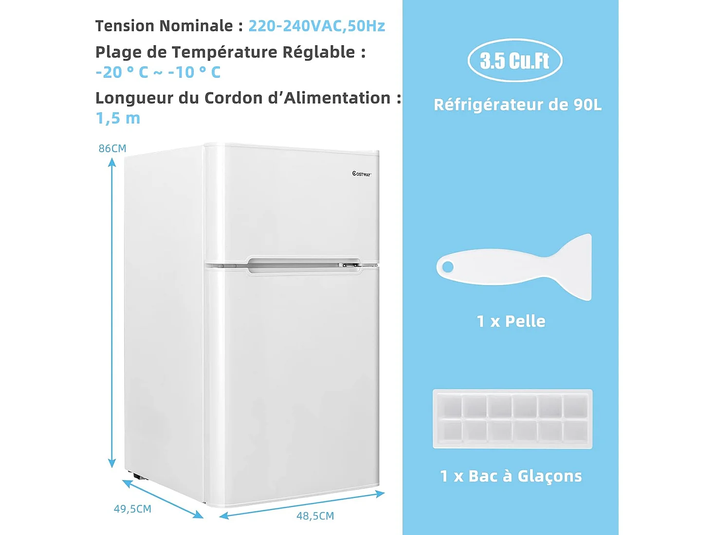 Réfrigérateur à Double Porte 90 L, Réfrigération Rapide, Économie d'énergie, Réfrigérateur en Métal avec 7 Niveaux de Température 48,5x49,5x86cm (Blanc)