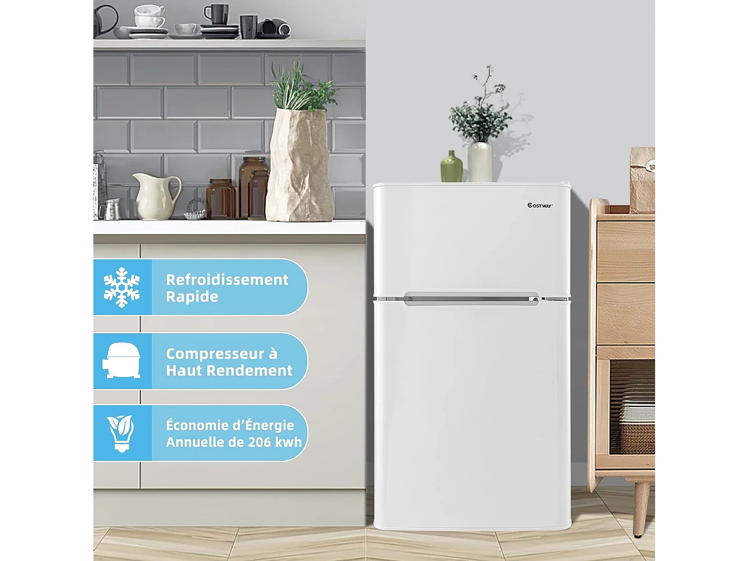 Réfrigérateur à Double Porte 90 L, Réfrigération Rapide, Économie d'énergie, Réfrigérateur en Métal avec 7 Niveaux de Température 48,5x49,5x86cm (Blanc)