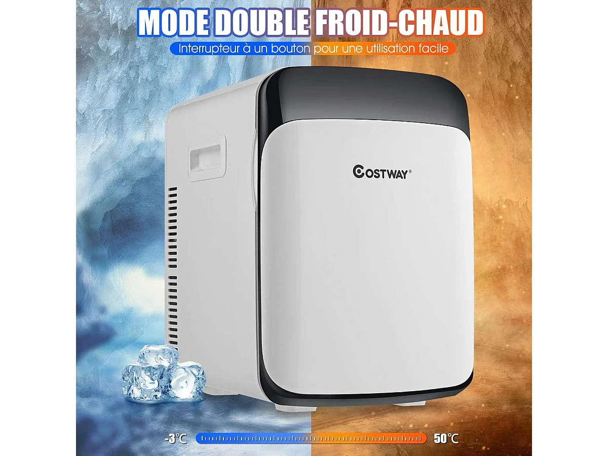 Mini Frigo 15L Mini Réfrigérateur 2 en 1 Fonction de Refroidissement et de Chauffage, Température -3 ℃ ~ 50 ℃, Mini frigo Portable 76 KWh/an (Blanc)