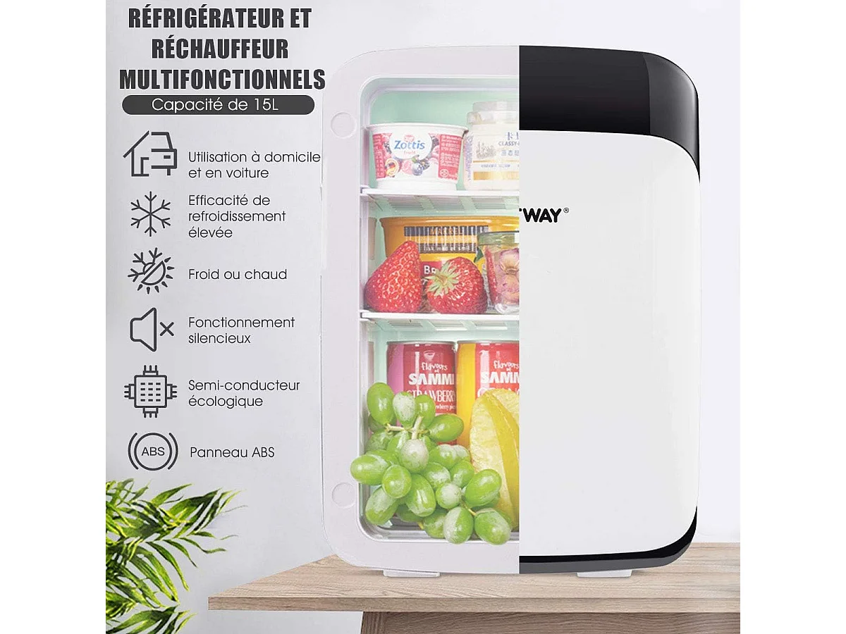 Mini Frigo 15L Mini Réfrigérateur 2 en 1 Fonction de Refroidissement et de Chauffage, Température -3 ℃ ~ 50 ℃, Mini frigo Portable 76 KWh/an (Blanc)