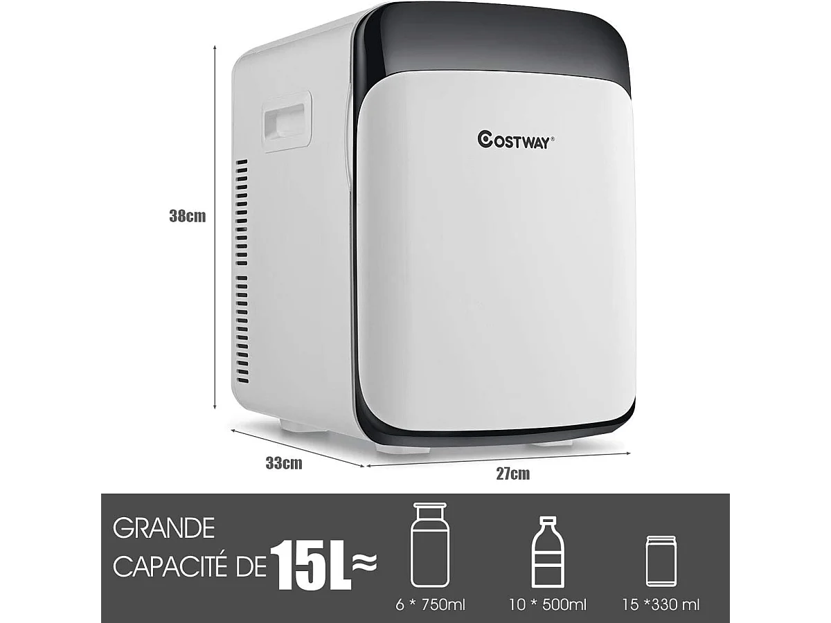 Mini Frigo 15L Mini Réfrigérateur 2 en 1 Fonction de Refroidissement et de Chauffage, Température -3 ℃ ~ 50 ℃, Mini frigo Portable 76 KWh/an (Blanc)