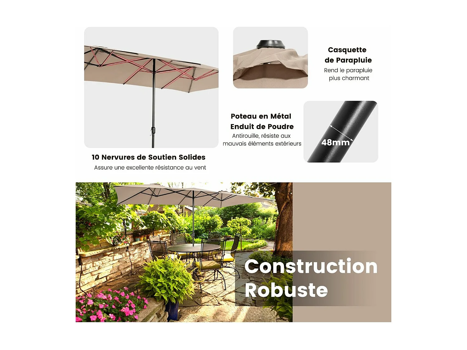 Parasol de Jardin Double XXL 426 x 265cm Poignée à Manivelle,Sommet Ventilé Polyester Structure Métallique à 10 Côtes Café