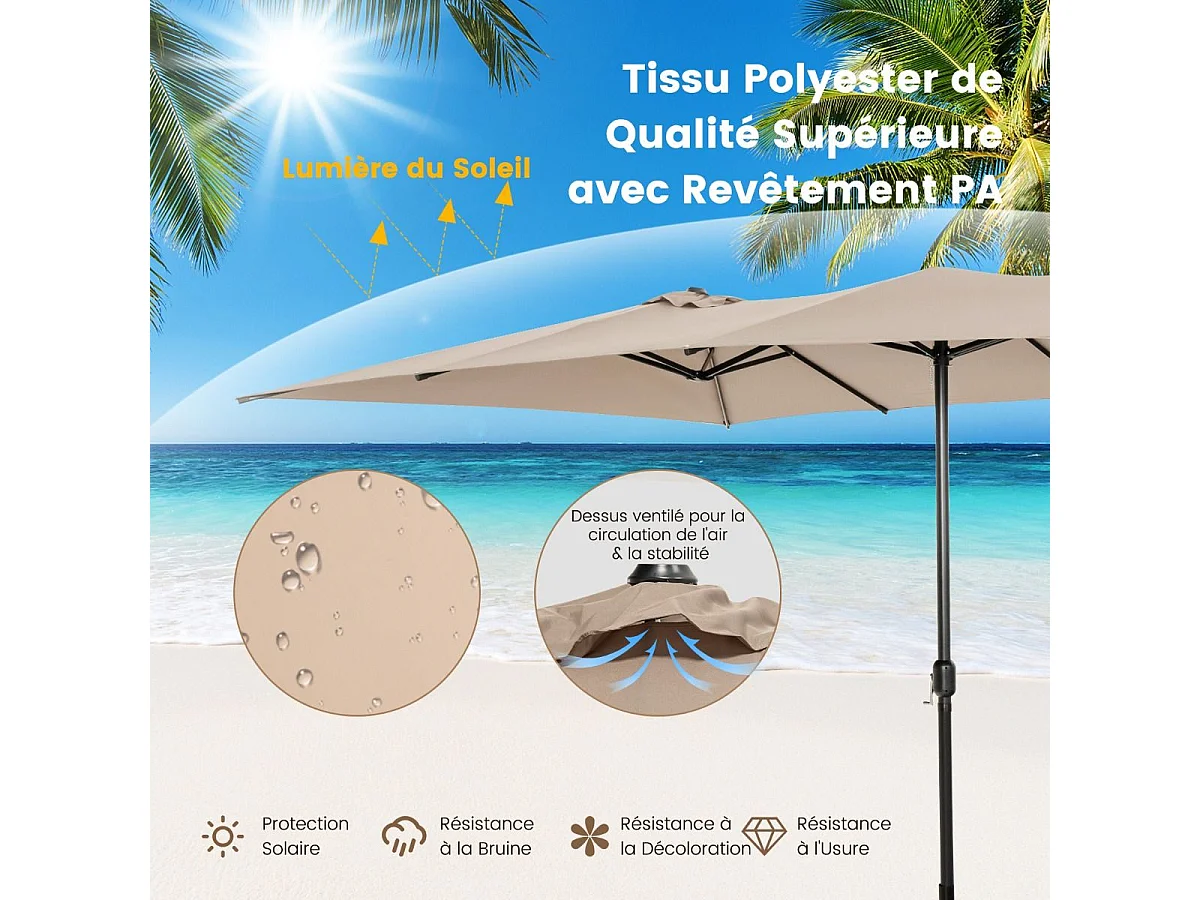 Parasol de Jardin Double XXL 426 x 265cm Poignée à Manivelle,Sommet Ventilé Polyester Structure Métallique à 10 Côtes Café