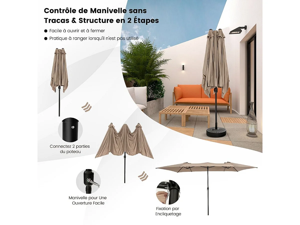 Parasol de Jardin Double XXL 426 x 265cm Poignée à Manivelle,Sommet Ventilé Polyester Structure Métallique à 10 Côtes Café