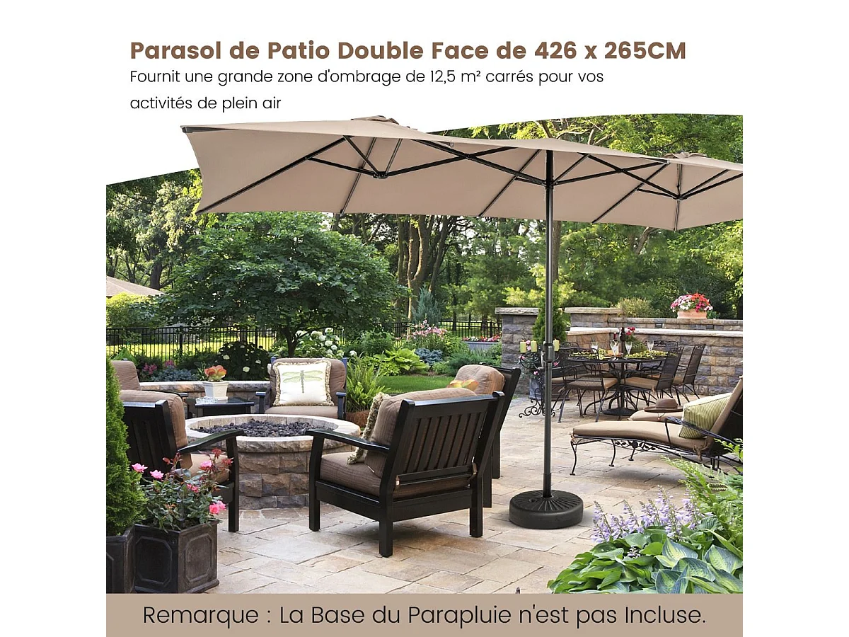 Parasol de Jardin Double XXL 426 x 265cm Poignée à Manivelle,Sommet Ventilé Polyester Structure Métallique à 10 Côtes Café