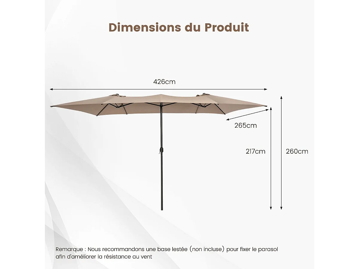 Parasol de Jardin Double XXL 426 x 265cm Poignée à Manivelle,Sommet Ventilé Polyester Structure Métallique à 10 Côtes Café