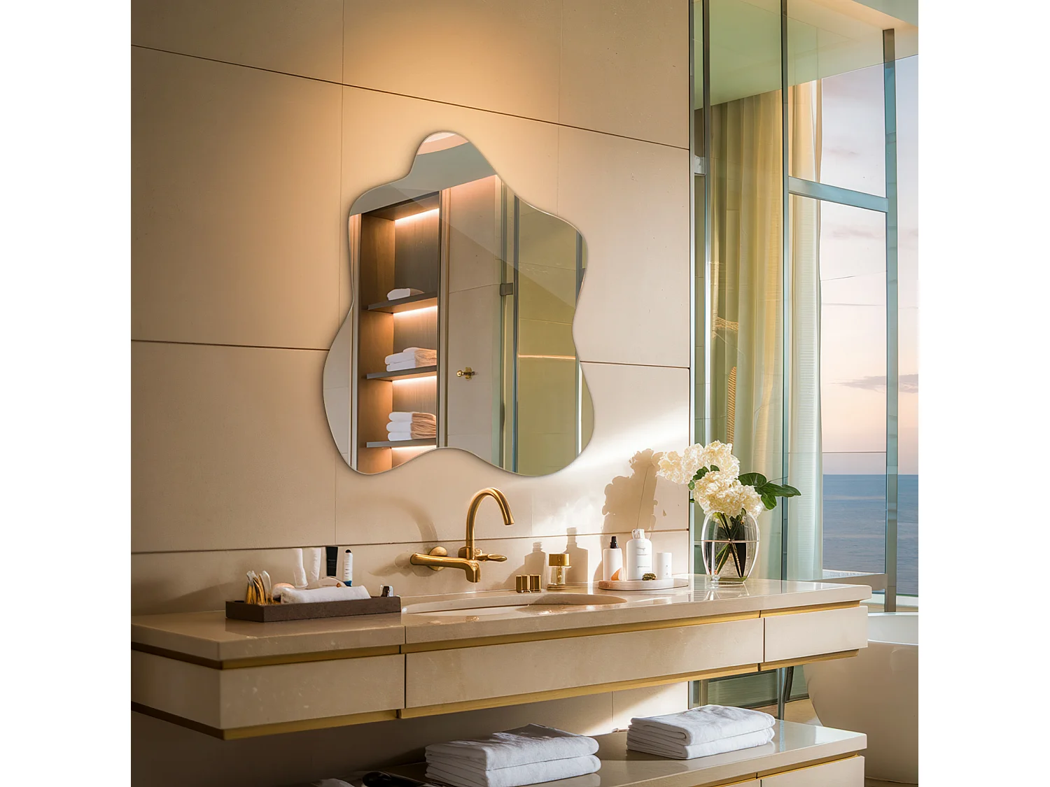 Miroir asymétrique tendance, parfait pour salle de bain et entrée - 58 cm x 57,5 cm