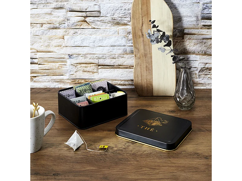 Boite Metal Noir Et Dore Sachet De The M12 Noir, Or