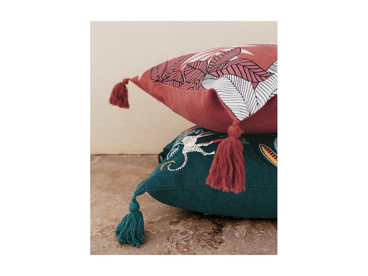 Housse de Coussin Pompons "Malaga" 40x40cm Bleu