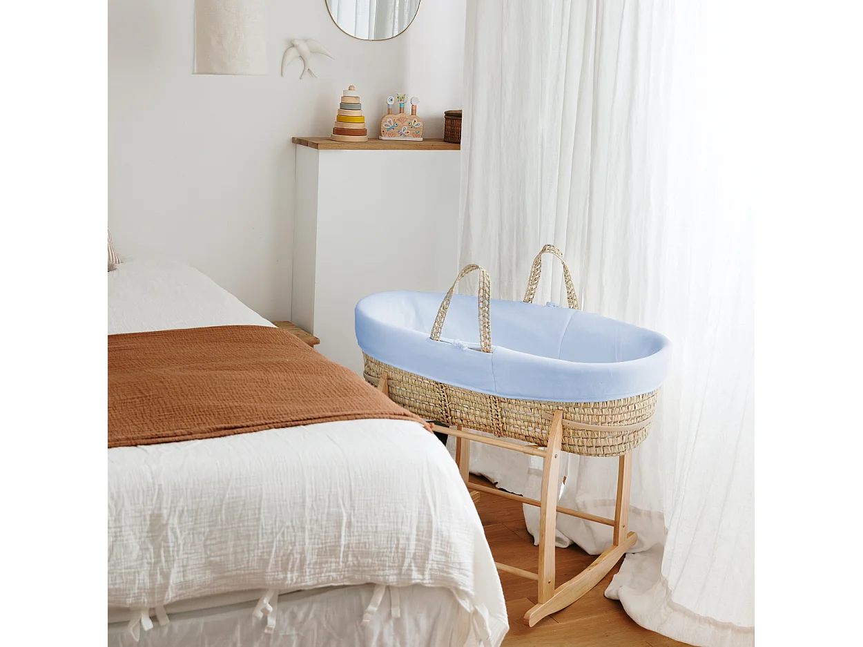 Cesta Porta Bimbo in Cotone Biologico Azzurra e Supporto in Legno
