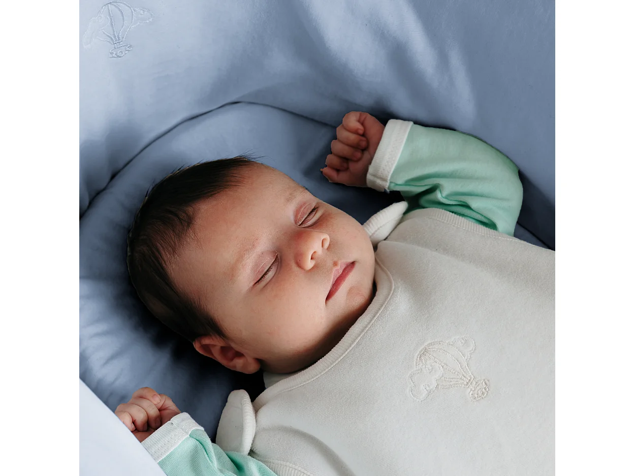 Cesta Porta Bimbo in Cotone Biologico Azzurra e Supporto in Legno