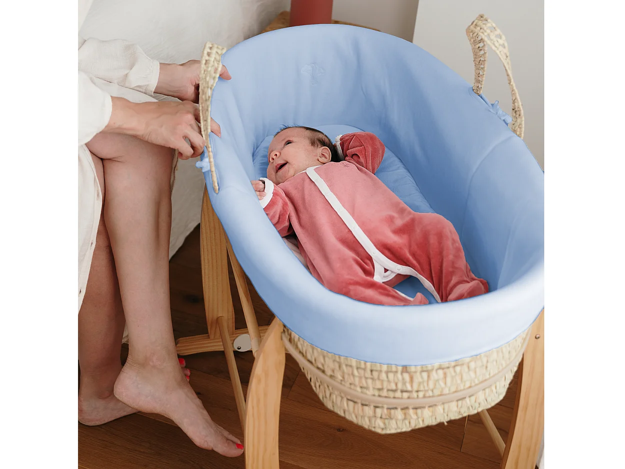 Cesta Porta Bimbo in Cotone Biologico Azzurra e Supporto in Legno