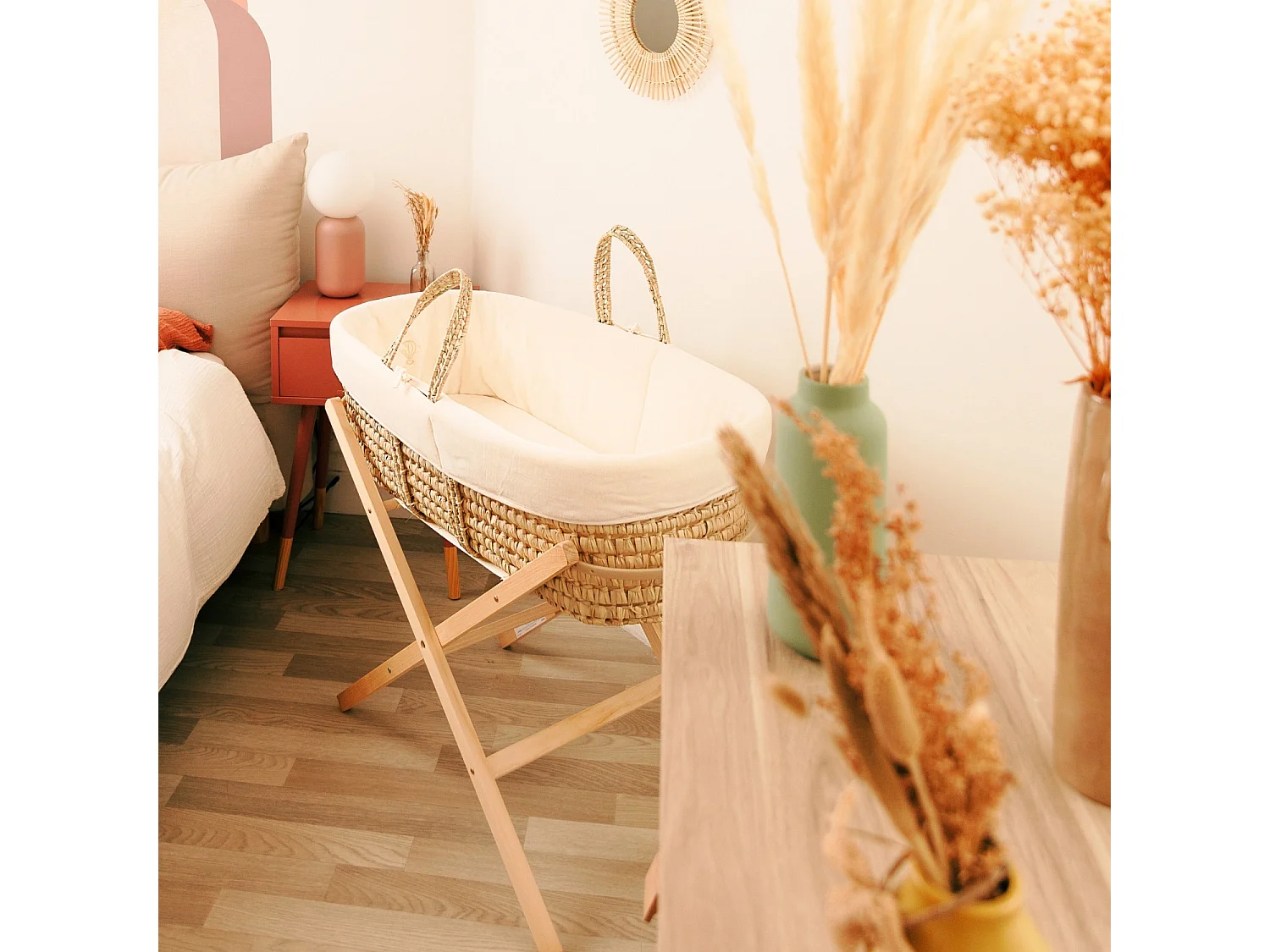 Babywanne mit klappbarem Holzgestell, Bezug aus Bio-Baumwolle - Creme