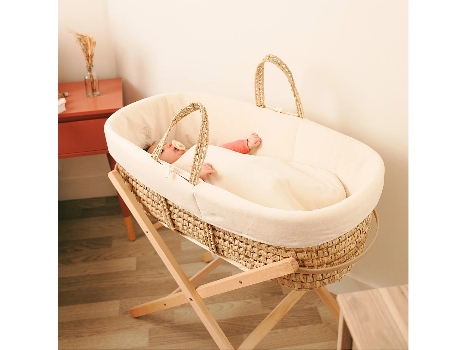 Babywanne mit klappbarem Holzgestell, Bezug aus Bio-Baumwolle - Creme