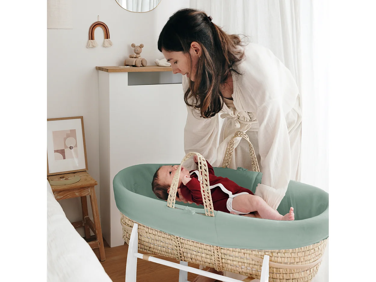 Couffin Avec Support à Bascule Blanc, Habillage en Coton Bio - Forêt