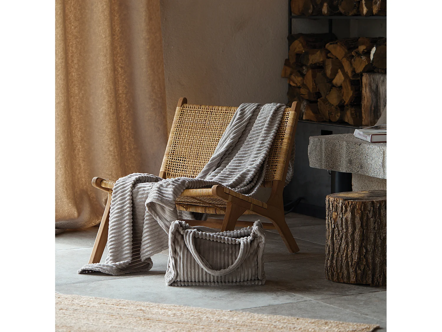 Ensemble plaid et sac doux côtelé