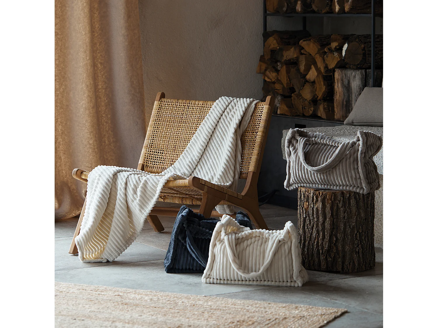 Ensemble plaid et sac doux côtelé