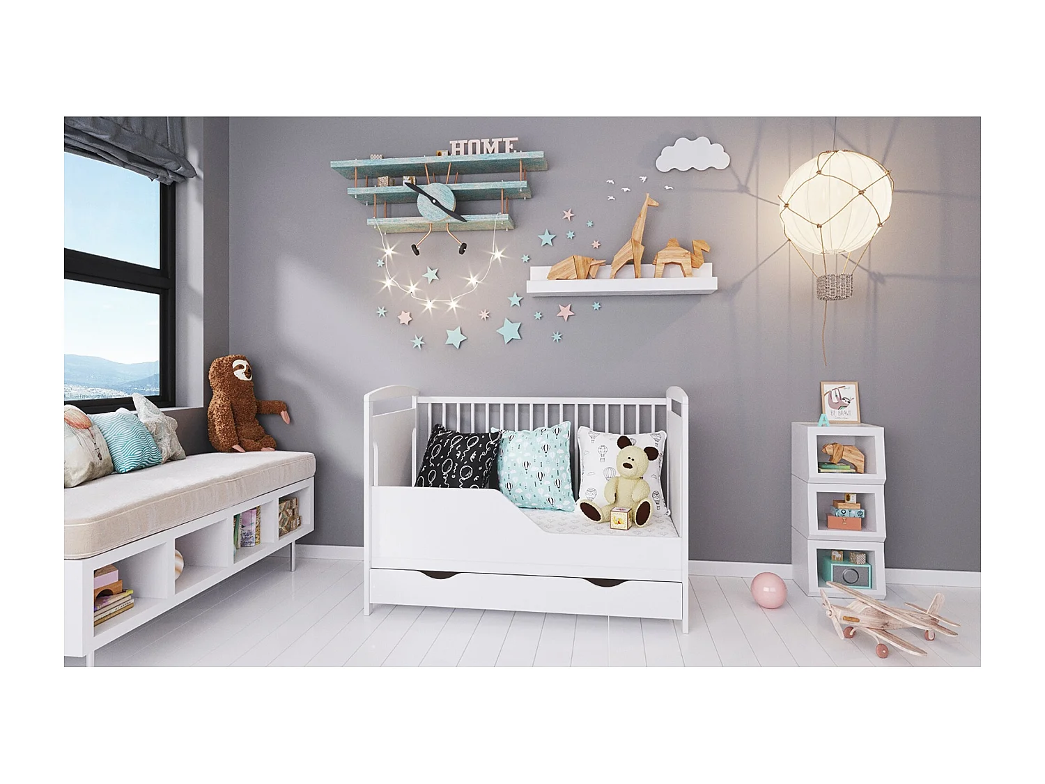 Mitwachsendes Babybett mit Schublade – 120x60cm