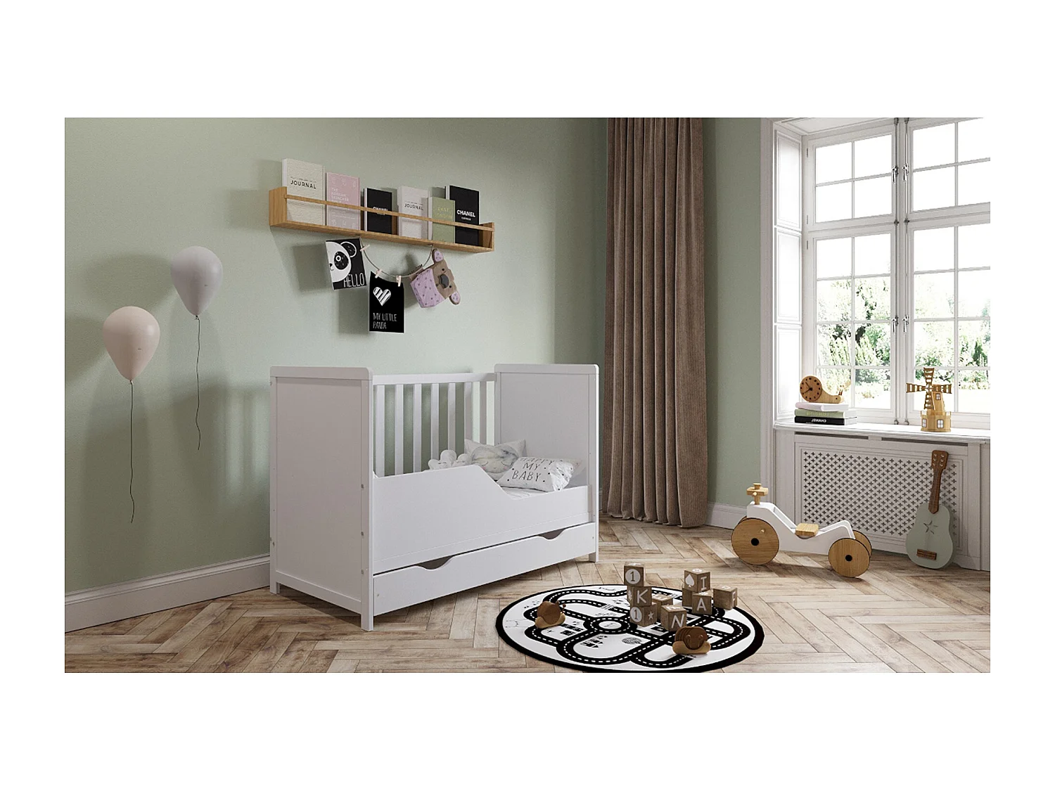 Mitwachsendes Babybett mit Schublade - 60x120 cm
