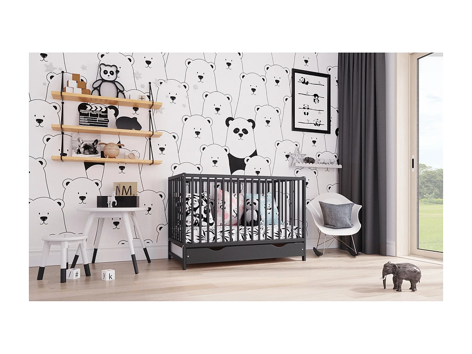 Lit bébé évolutif avec tiroir - ANNA - 120x60 cm - Anthracite