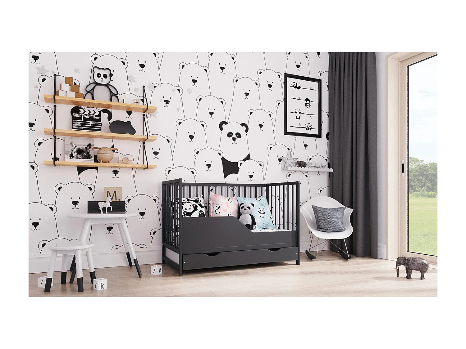 Lit bébé évolutif avec tiroir - ANNA - 120x60 cm - Anthracite