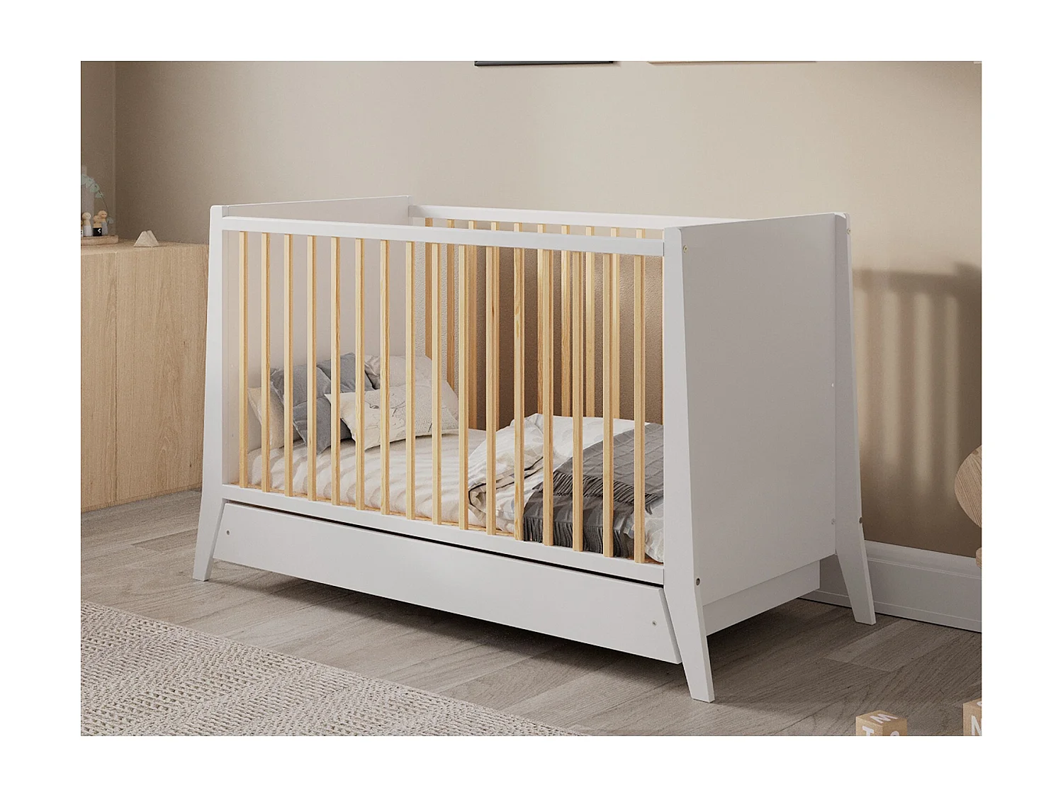 Mitwachsendes Babybett mit Schublade - 60x120 cm