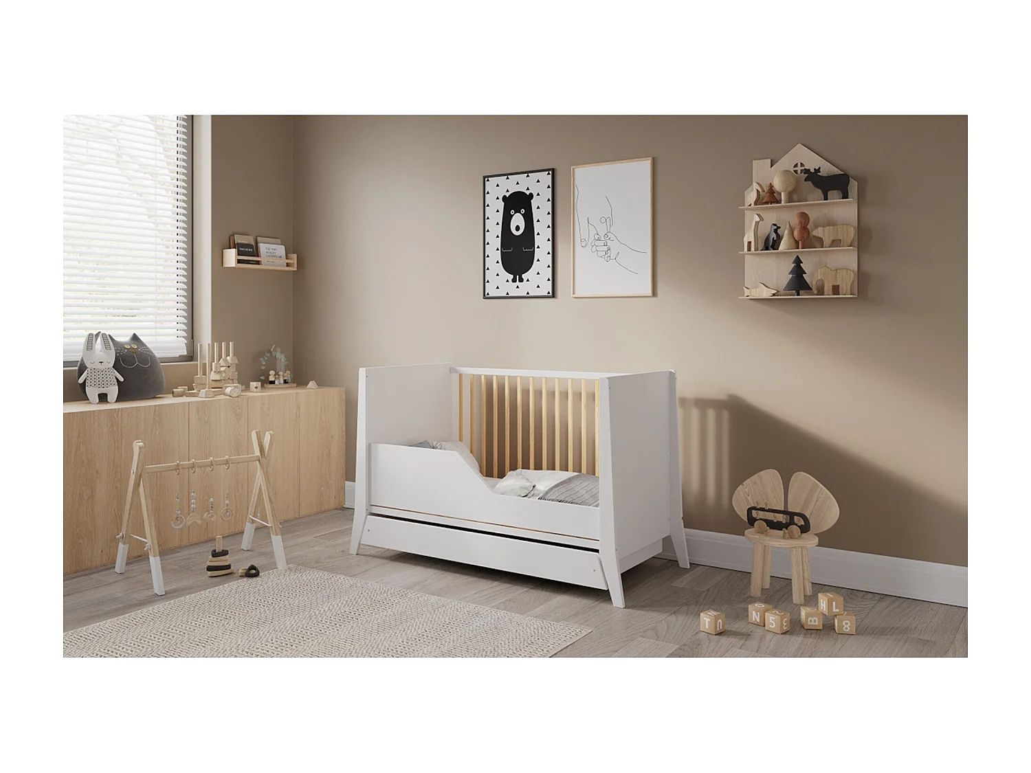 Mitwachsendes Babybett mit Schublade - 60x120 cm